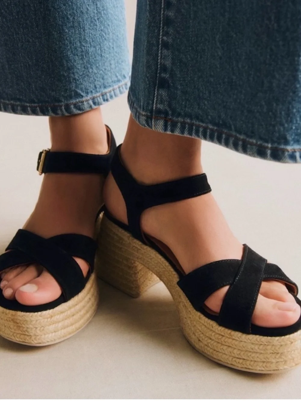 Sezane Black Suede Espadrille Platform Sandals